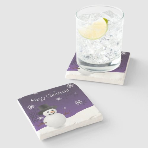 Purple Snowman Winter Christmas Stone Coaster