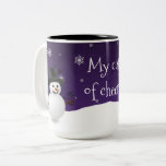 Purple Snowman Winter Scene Christmas Mug<br><div class="desc">Enjoy your morning coffee during the holiday season with this whimsical Purple Snowman Winter Scene Christmas Mug. Coffee mug design features a happy snowman in a snowy wintry scene against a purple background adorned with matching color snowflakes with the saying "My cup of cheer". Additional gift and holiday items available...</div>