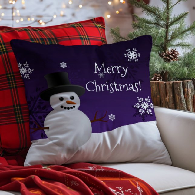 Purple Snowman Winter Scene Christmas Throw Pillow (Purple Snowman Winter Scene Christmas Throw Pillow)