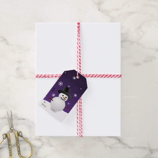 Purple Snowman Winter Scenery Christmas Gift Tag (With Twine)