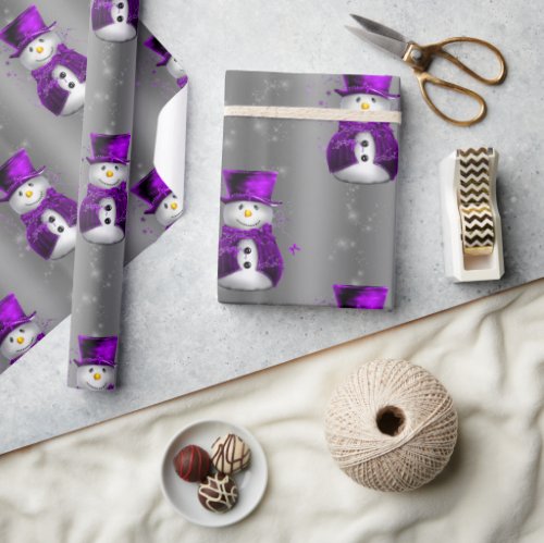 Purple Snowmen on Dark Silver Christmas Wrapping Paper