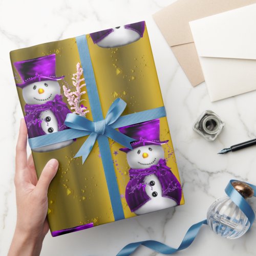 Purple Snowmen on Gold Christmas Wrapping Paper