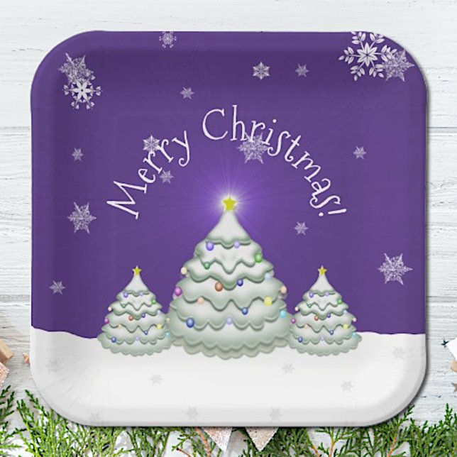 Purple Snowy Christmas Tree Paper Plate (Purple Snowy Christmas Tree Paper Plates)