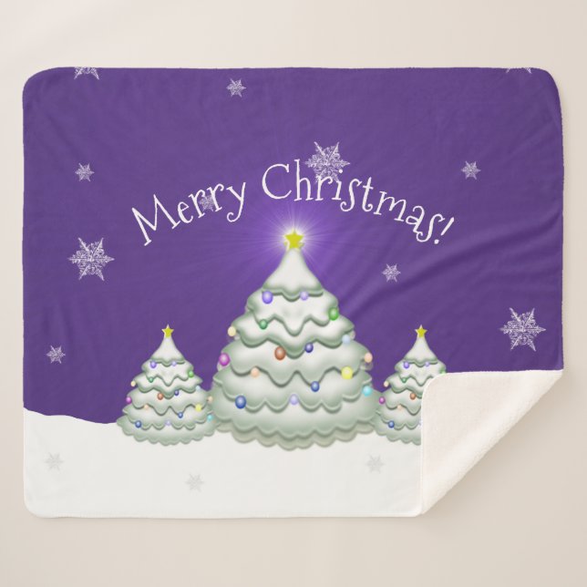 Purple Snowy Christmas Tree Sherpa Blanket (Front (Horizontal))