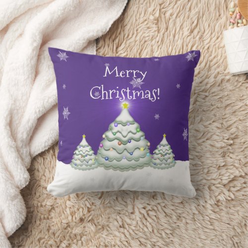 Purple Snowy Christmas Tree Throw Pillow