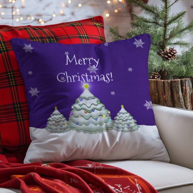 Purple Snowy Christmas Tree Throw Pillow (Purple Christmas Tree Throw Pillow)