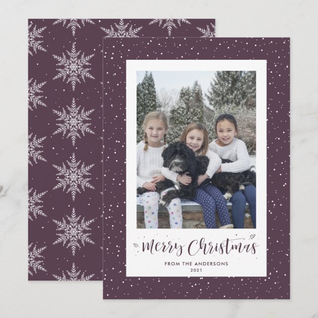 Purple Snowy Snowflake Photo Merry Christmas Cards (Front/Back)