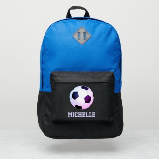 purple soccer ball -  add her  name backpack