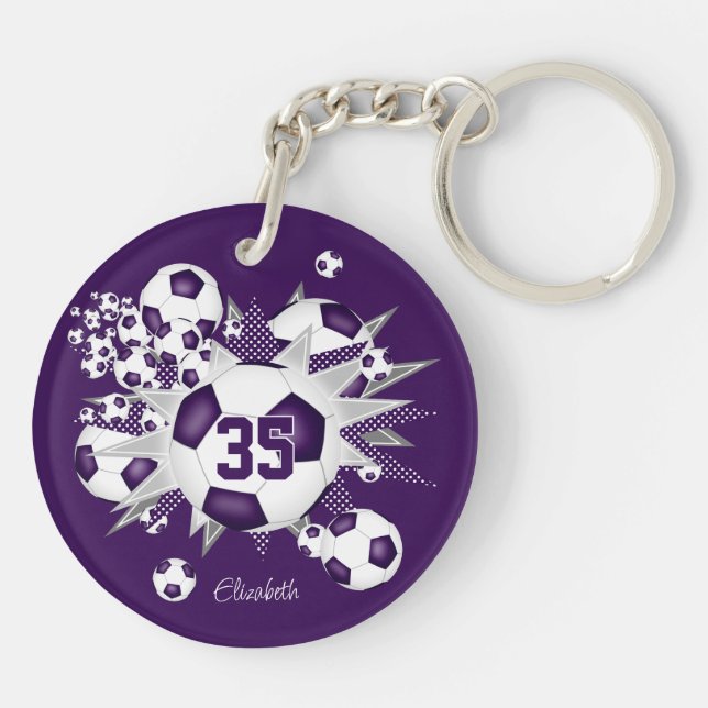 Purple soccer ball blowout girls jersey number keychain (Back)