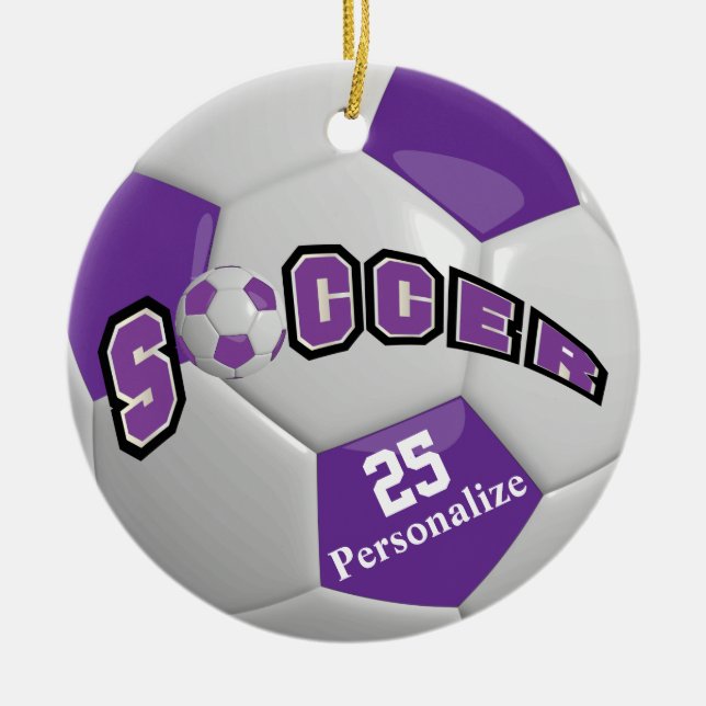 Purple Soccer Ball | Personalize Ceramic Ornament (Front)