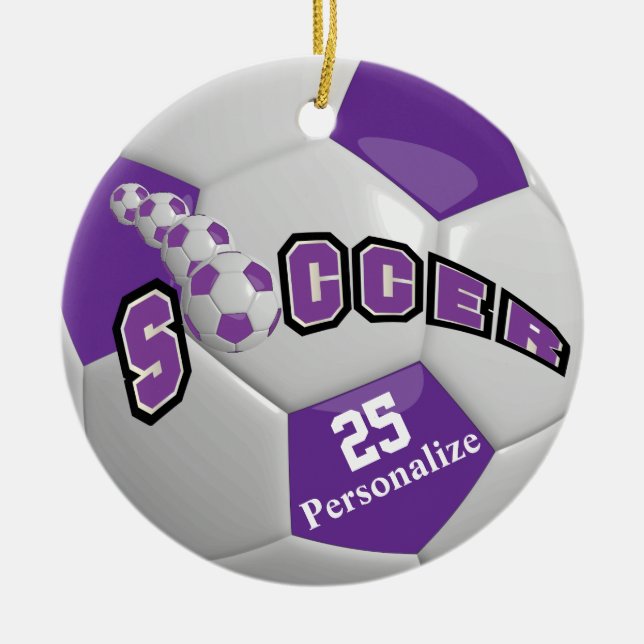 Purple Soccer Ball | Personalize Ceramic Ornament (Front)