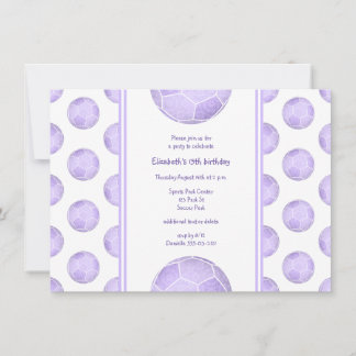 purple soccer balls pattern sports birthday party invitation