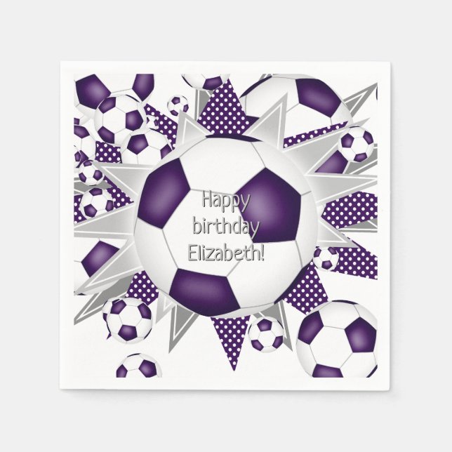 Purple soccer balls stars birthday or team party  napkins (Front)