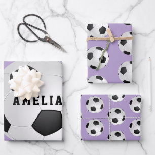 Purple Soccer Football Balls Kids Name Birthday Wrapping Paper Sheets