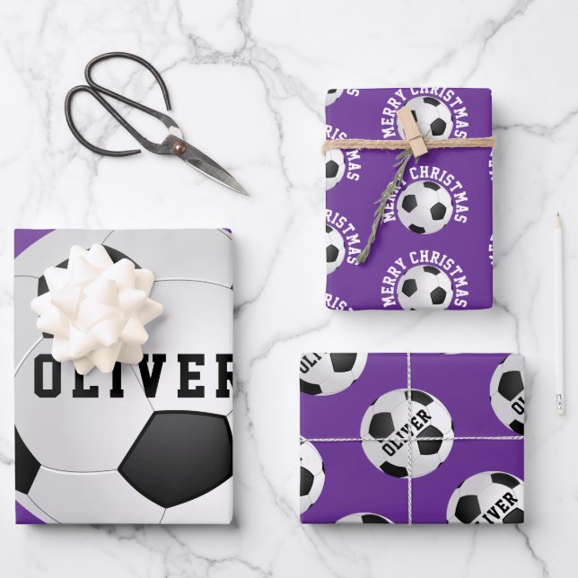 Purple Soccer Football Balls Kids Name Christmas Wrapping Paper Sheets (Front)