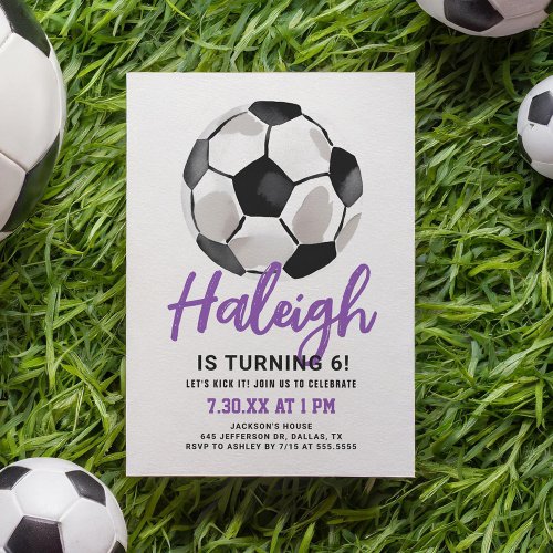 Purple Soccer Girl Birthday Invitation