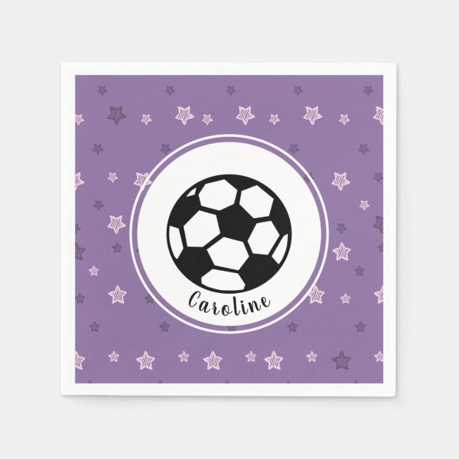 Purple Soccer Party Pink Star Sports Personalized Napkins (Front)
