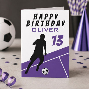 Purple Soccer Player Football Ball Boy Birthday Card