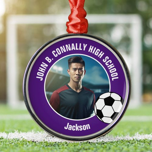 Purple Soccer Player Photo High School Christmas Metal Ornament