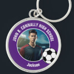 Purple Soccer Player Photo High School Keychain<br><div class="desc">This cool customized high school soccer player photo gift features white typography of your team and player name on a purple keychain with a soccer ball. Personalize with your student's photograph as a proud futbol parent.</div>
