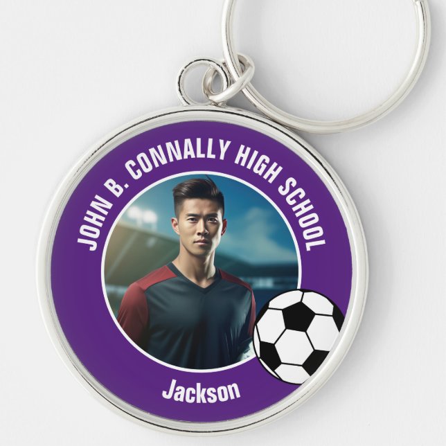 Purple Soccer Player Photo High School Keychain (Front)