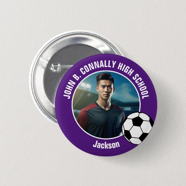 Purple Soccer Player Photo High School Spirit Button (Front & Back)