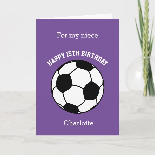 Purple soccer Sport 15th Birthday Card (Front)