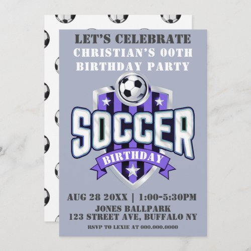 Purple Soccer Theme Birthday Party Invitations 