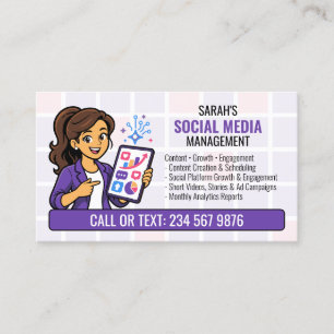 Purple Social Media Manager QR Cartoon Business Card