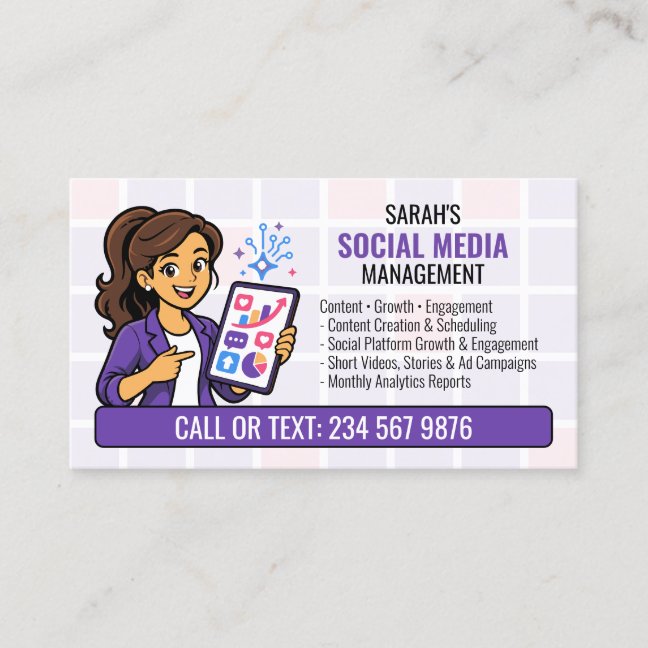 Purple Social Media Manager QR Cartoon Business Card