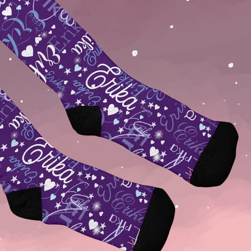 Purple Socks with Hearts  Stars 