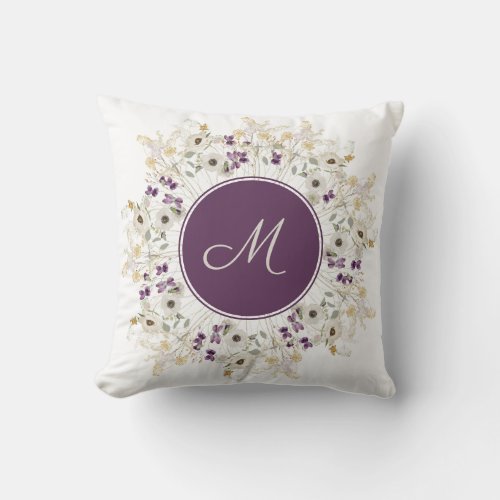 Purple Soft Wildflower Wreath Monogram  Throw Pillow