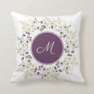 Purple Soft Wildflower Wreath Monogram Throw Pillow