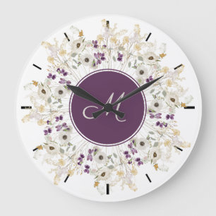 Purple Soft Wildflower Wreath Monogram Wall Clock