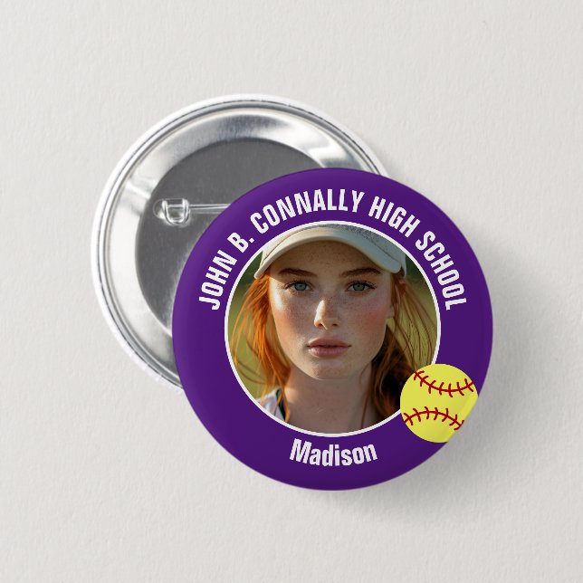 Purple Softball Player Photo High School Spirit Button (Front & Back)