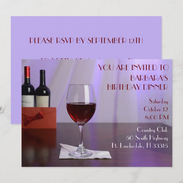 Purple Sophisticated Red wine birthday  party  Invitation (Front/Back)