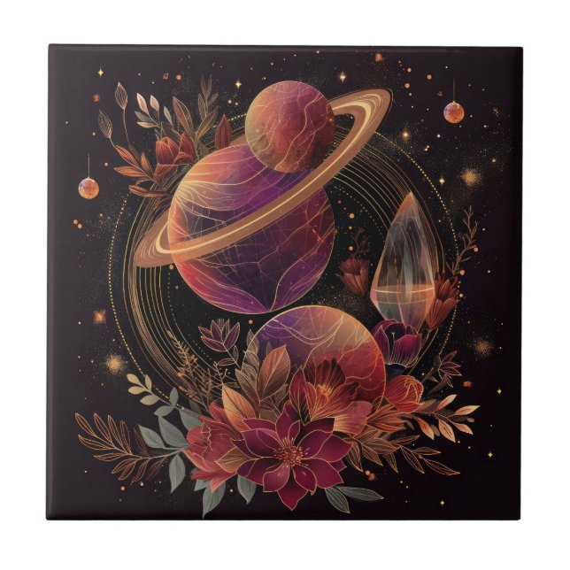 Purple Space Fantasy Crystal Ring Planet Ceramic Tile (Front)