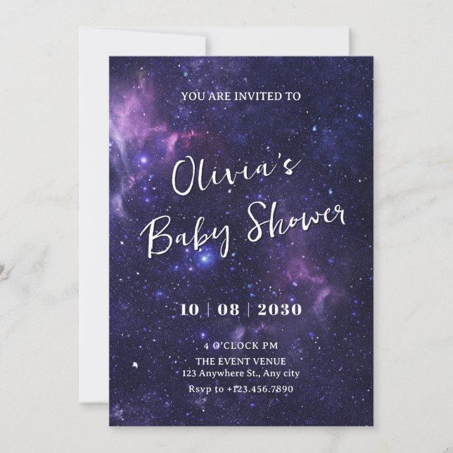 Purple space galaxy baby shower invitation (Front)