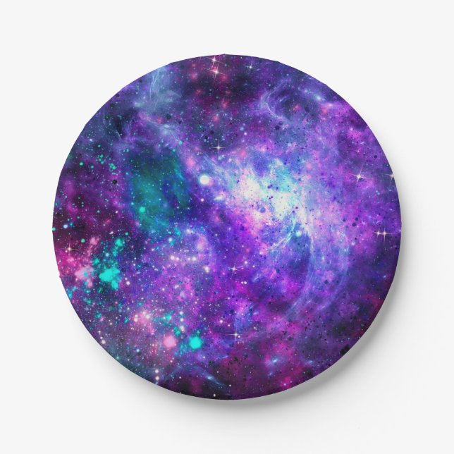 Purple Space Galaxy Cosmic Spacey Teal Pink Sky Paper Plates (Front)
