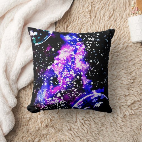 Purple Space Nebula and Planets Throw Pillow