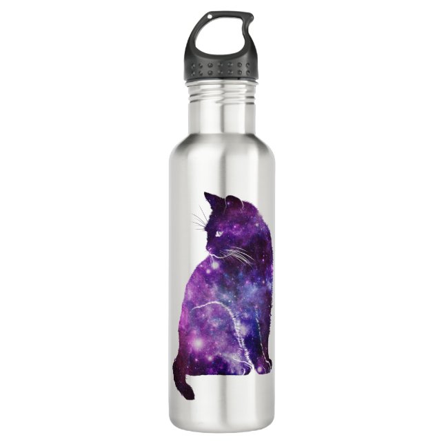 Purple Space Nebula Cat Stainless Steel Water Bottle (Front)