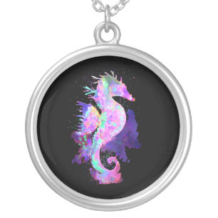 Purple Space Seahorse Silver Plated Necklace