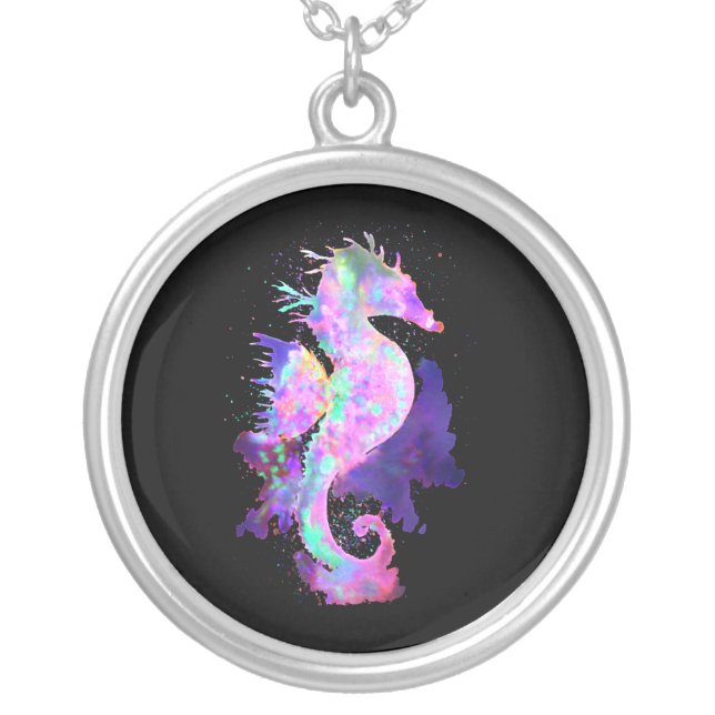 Purple Space Seahorse Silver Plated Necklace (Front)