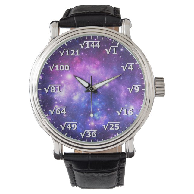 Purple Space Square Root Clock - Math Clock Watch (Front)