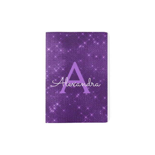 Purple Sparkle Bling Girly Monogram Name Passport Holder (Front)