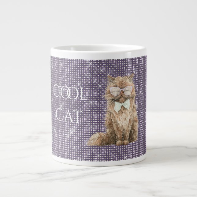 Purple Sparkle Brown Cool Cat Glasses   Giant Coffee Mug (Front)