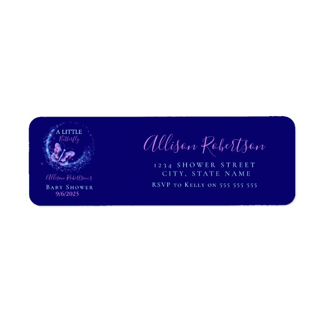 Purple Sparkle Butterfly Girl Baby Shower Address Label (Front)