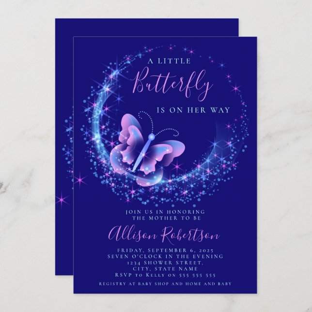 Purple Sparkle Butterfly Girl Baby Shower Invitation (Front/Back)