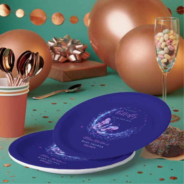 Purple Sparkle Butterfly Girl Baby Shower Paper Plates (Multi)
