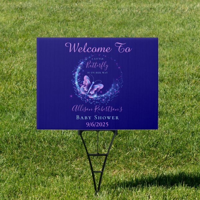 Purple Sparkle Butterfly Girl Baby Shower Sign (Insitu)